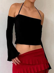 Hnewly Solid Halter Off Shoulder Long Sleeve Tee