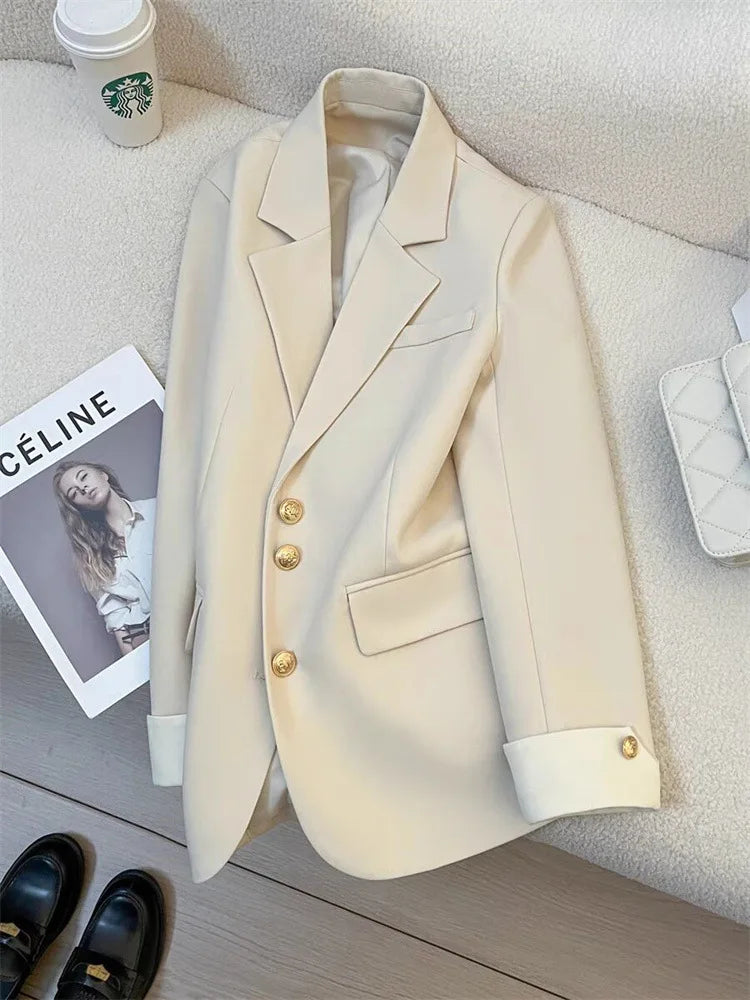 Hnewly Women Long Sleeve Office Lady Blazers Autumn Winter Solid Casual Single Breasted Chic Notched Blazer Ladies Jackets Clothes