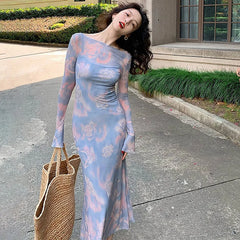 Hnewly Women Dresses Autumn Slim New 2 Piece Set Casual O-Neck Dresses  Streetwear Fashion Tie Dye Lady Long Sleeves Pink Party Dress