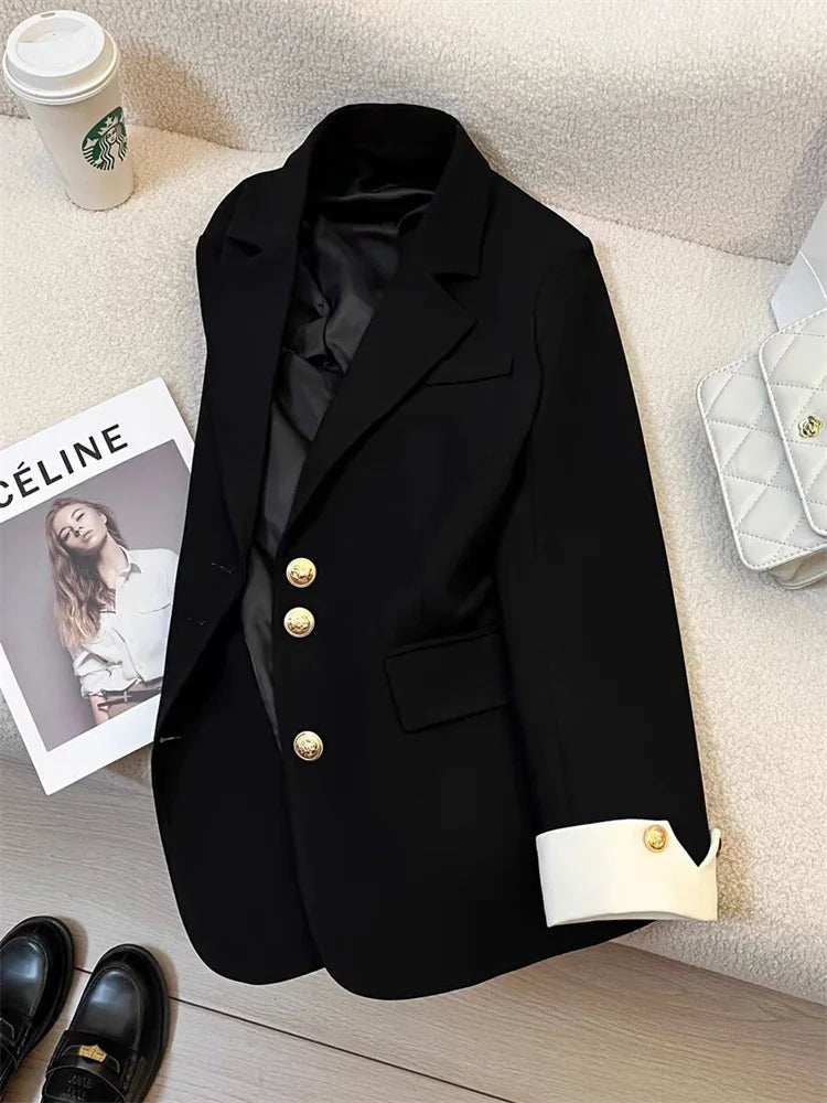 Hnewly Women Long Sleeve Office Lady Blazers Autumn Winter Solid Casual Single Breasted Chic Notched Blazer Ladies Jackets Clothes