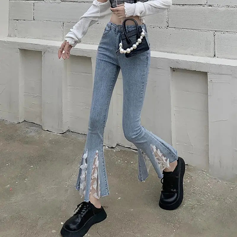 Hnewly Chic Ankle-length High Waist Jeans Women Cute Lace Ruffles Patchwork Skinny Flare Pants Female Harajuku All-match Denim Trousers