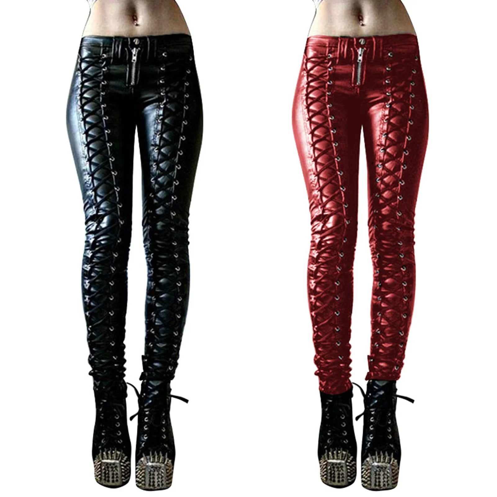 Hnewly Steampunk Women Faux Leather Cosplay Pants Carnival Party Skinny Button Trousers Workout Leggings High Waist New Girl Pants