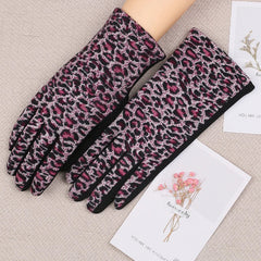 Hnewly Women Winter Warm Plush Inside Full Finger Leopard Cycling Mitten Female Cashmere Wool Knit Touch Screen Driving Glove