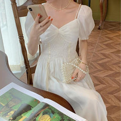 Hnewly DRESS TO IMPRESS Elegant V-neck White Dress Women Puff Sleeve Lace Party Midi Dress Femme Korean One-piece Dress Summer Women's Clothing 2024 New