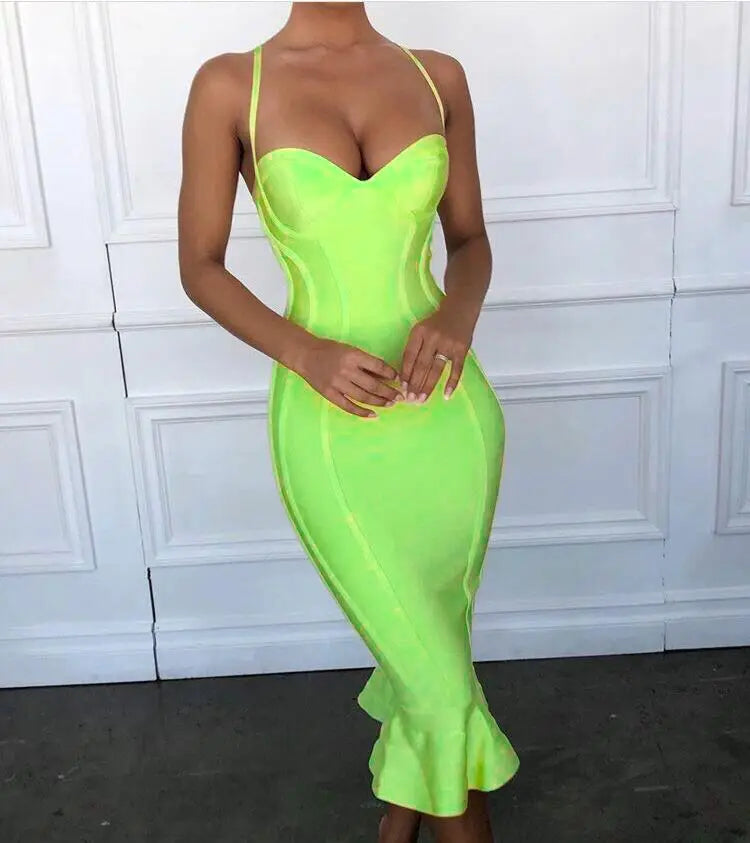 Hnewly High Quality Pink Yellow Knee Length Rayon Bandage Dress Evening Party Elegant Dress