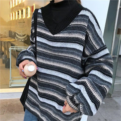 Hnewly Knitted Sweaters Women Casual V Neck Stripe Pullover Sweater Autumn-winter Retro Jumper Harajuku Oversized Loose Sweater