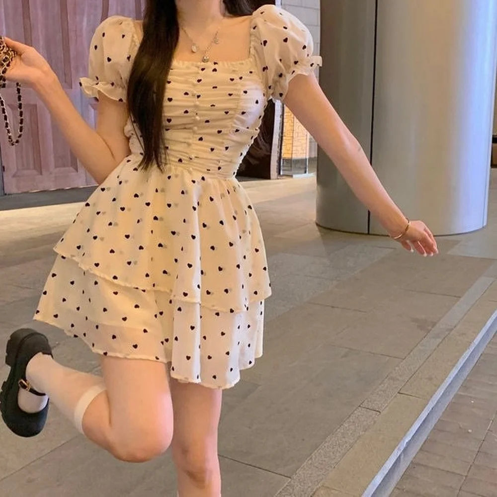 Elegant Sweet French Fairy Dress Women Summer Puff Sleeve Slim Mini Love Dot Dress Female Korean High Waist Party Princess Dress