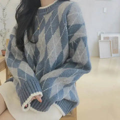 Hnewly comfy outfits winter Winter Argyle Loose Knitted Sweater Pullovers Sweater Korean College Style Women Jumper