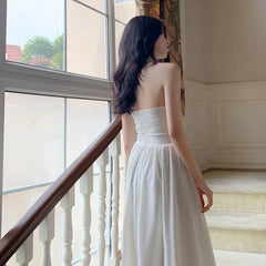 Hnewly White Elegant Halter Dress Women Sexy Backless Korean Party Midi Dress Female Sleeveless V-neck Vintage Dresses for Women