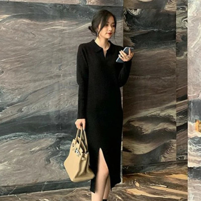 Hnewly DRESS TO IMPRESS Elegant Split Knitted Dress Women Long Sleeve Fairy Office Lady Korean Party Dress Autumn Casual Evening One-piece Dress