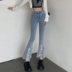 Hnewly Chic Ankle-length High Waist Jeans Women Cute Lace Ruffles Patchwork Skinny Flare Pants Female Harajuku All-match Denim Trousers