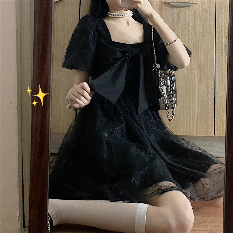 Hnewly DRESS TO IMPRESS Japanese Kawaii Fairy Dress Women Bow Patchwork Designer Sweet Lolita Dress Summer Elegant Evening Party One Piece Dress Korean