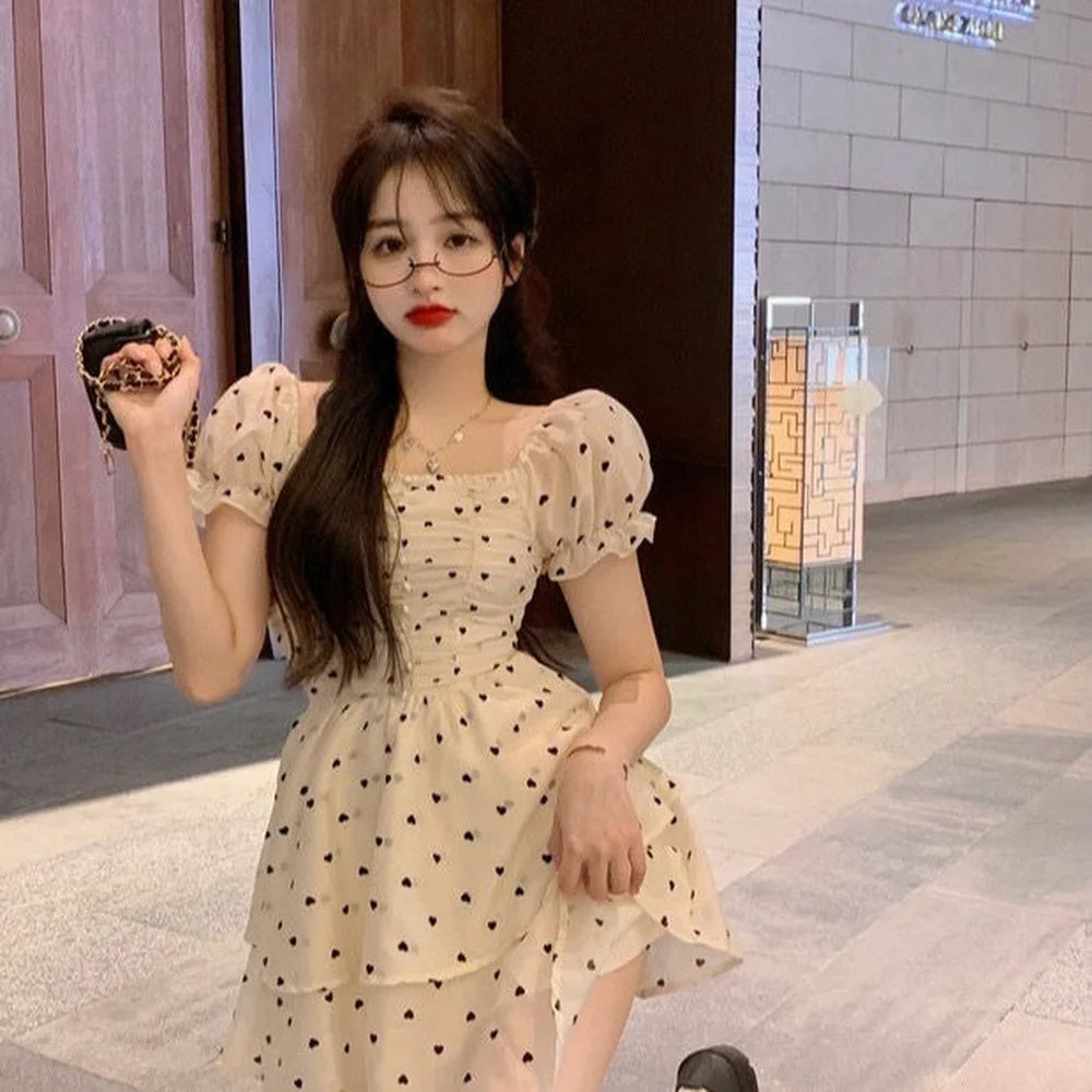 Hnewly Elegant Sweet French Fairy Dress Women Summer Puff Sleeve Slim Mini Love Dot Dress Female Korean High Waist Party Princess Dress