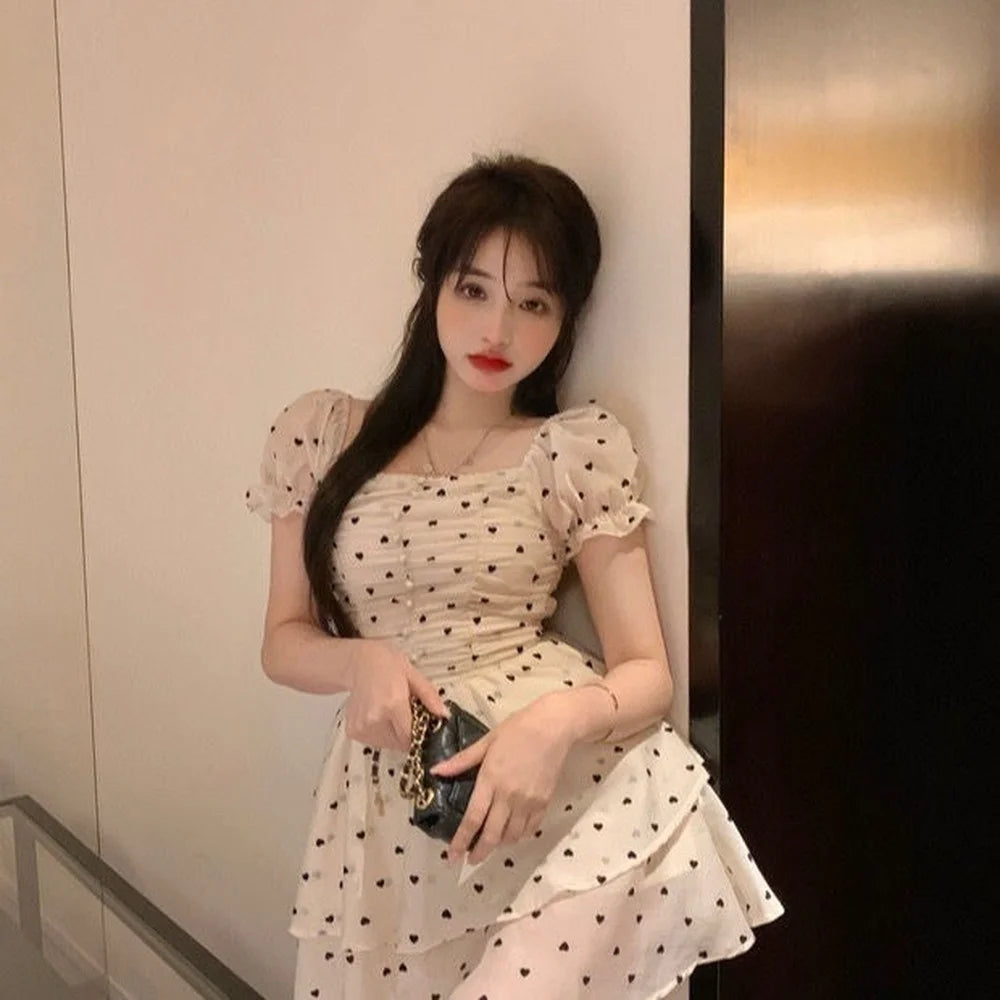 Hnewly Elegant Sweet French Fairy Dress Women Summer Puff Sleeve Slim Mini Love Dot Dress Female Korean High Waist Party Princess Dress