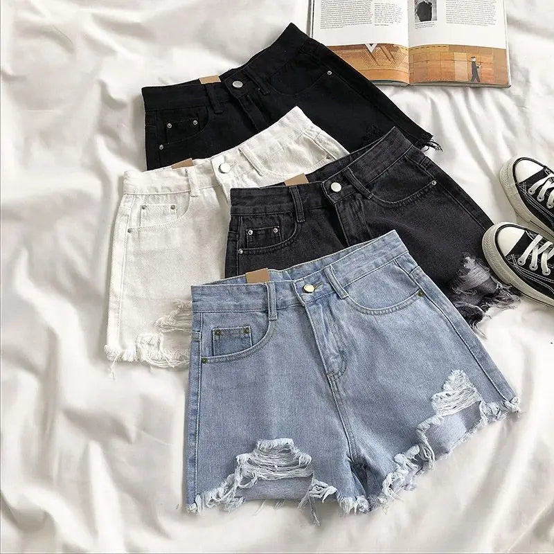 Casual High Waist Denim Shorts Women Summer Pocket Tassel Hole Ripped jeans Short Female Femme Short Pants Women