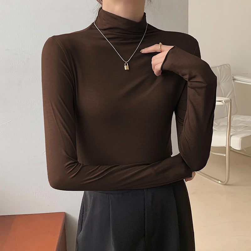 Hnewly High Collar Modal Autumn Winter Women Base Shirt Casual Solid Long Sleeve Slim Stretch T-shirt Ladies Fashion Tops