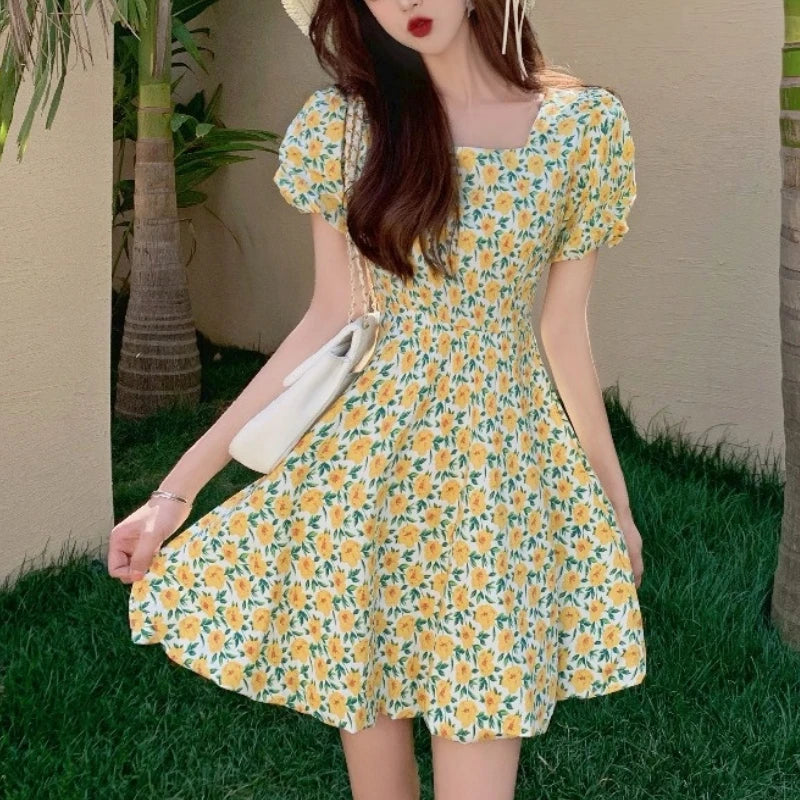 Summer Vintage Floral Dress Women French Party Sweet Elegant Beach Casual Dress Korean Chic Princess Kawaii Holiday Dress DRESS TO IMPRESS