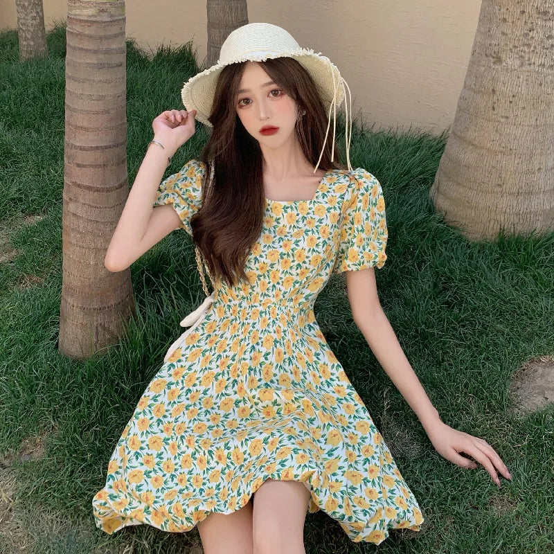 Hnewly Summer Vintage Floral Dress Women French Party Sweet Elegant Beach Casual Dress Korean Chic Princess Kawaii Holiday Dress DRESS TO IMPRESS