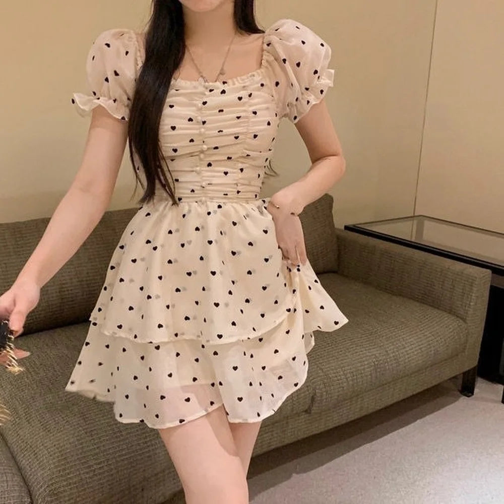 Hnewly Elegant Sweet French Fairy Dress Women Summer Puff Sleeve Slim Mini Love Dot Dress Female Korean High Waist Party Princess Dress