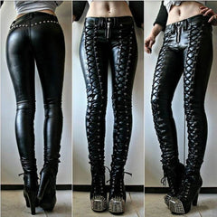 Hnewly Steampunk Women Faux Leather Cosplay Pants Carnival Party Skinny Button Trousers Workout Leggings High Waist New Girl Pants