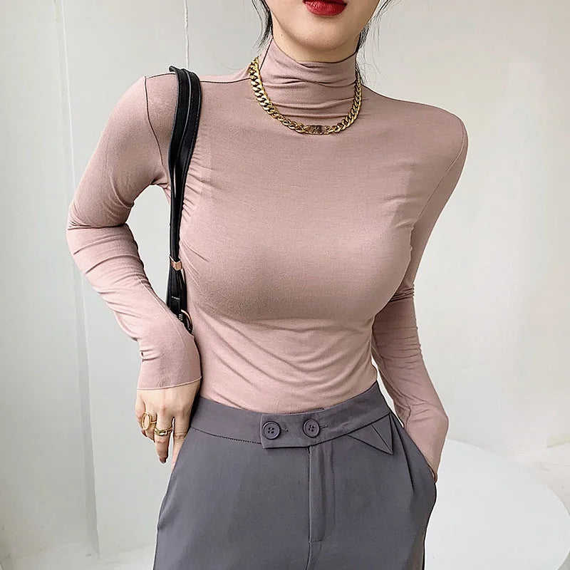 Hnewly High Collar Modal Autumn Winter Women Base Shirt Casual Solid Long Sleeve Slim Stretch T-shirt Ladies Fashion Tops