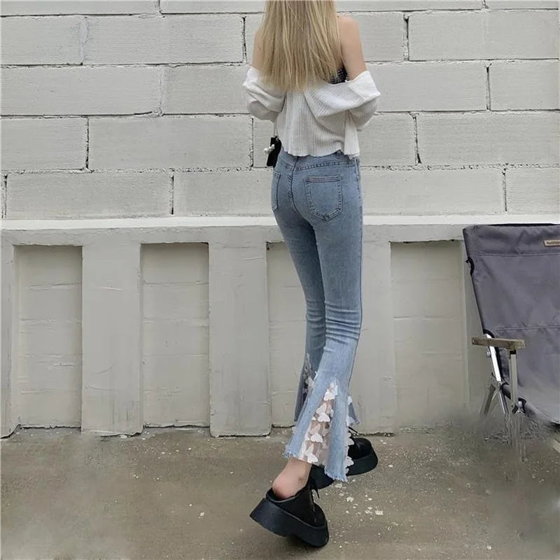 Hnewly Chic Ankle-length High Waist Jeans Women Cute Lace Ruffles Patchwork Skinny Flare Pants Female Harajuku All-match Denim Trousers