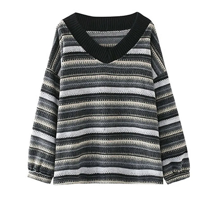 Hnewly Knitted Sweaters Women Casual V Neck Stripe Pullover Sweater Autumn-winter Retro Jumper Harajuku Oversized Loose Sweater