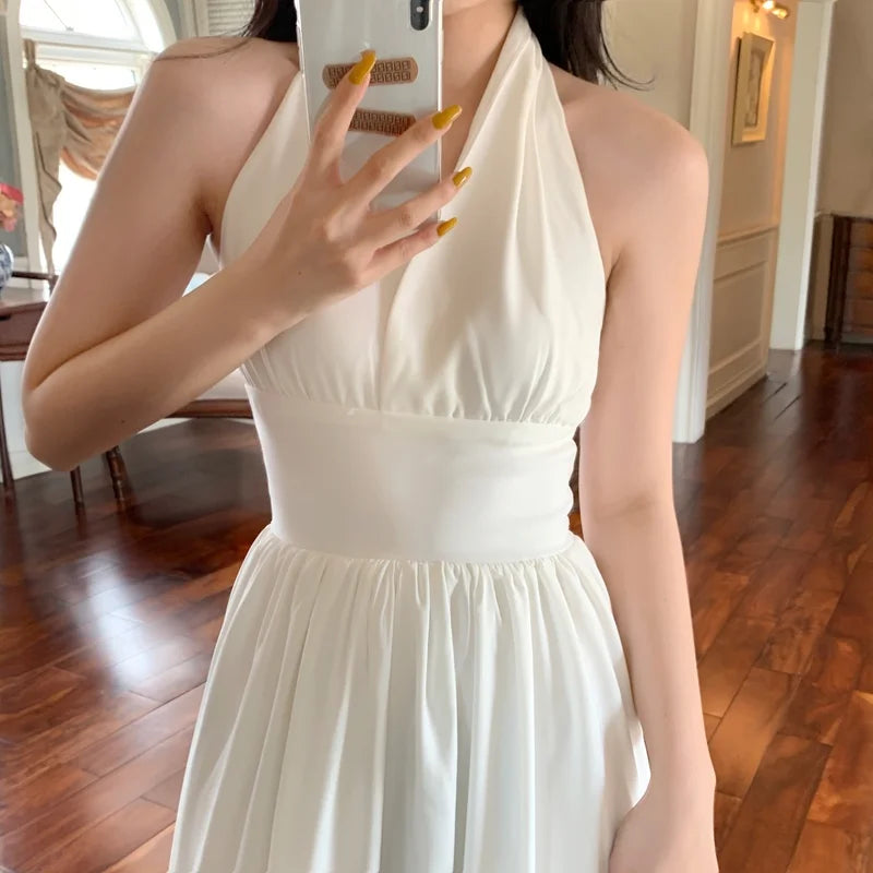 Hnewly White Elegant Halter Dress Women Sexy Backless Korean Party Midi Dress Female Sleeveless V-neck Vintage Dresses for Women