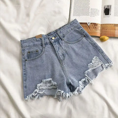 Hnewly Casual High Waist Denim Shorts Women Summer Pocket Tassel Hole Ripped jeans Short Female Femme Short Pants Women