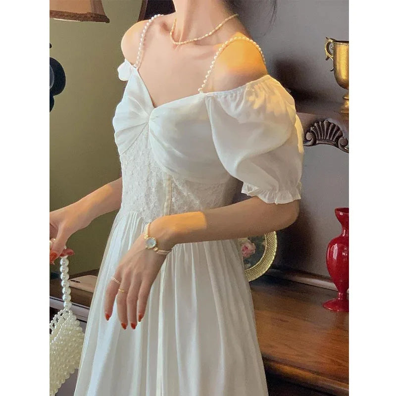 Hnewly DRESS TO IMPRESS Elegant V-neck White Dress Women Puff Sleeve Lace Party Midi Dress Femme Korean One-piece Dress Summer Women's Clothing 2024 New