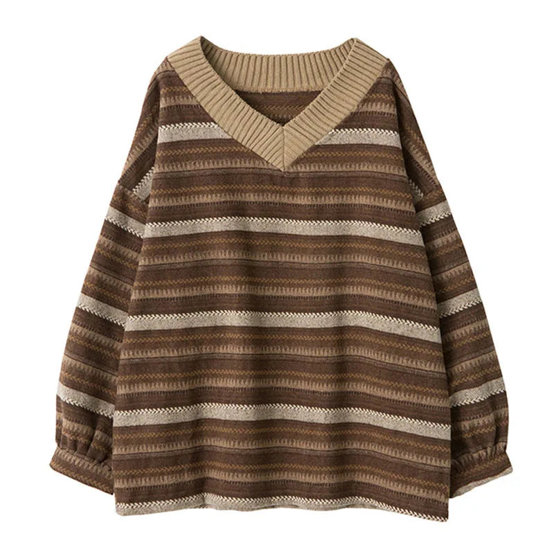 Hnewly Knitted Sweaters Women Casual V Neck Stripe Pullover Sweater Autumn-winter Retro Jumper Harajuku Oversized Loose Sweater