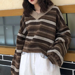 Hnewly Knitted Sweaters Women Casual V Neck Stripe Pullover Sweater Autumn-winter Retro Jumper Harajuku Oversized Loose Sweater