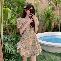 Hnewly Summer Vintage Floral Dress Women French Party Sweet Elegant Beach Casual Dress Korean Chic Princess Kawaii Holiday Dress DRESS TO IMPRESS