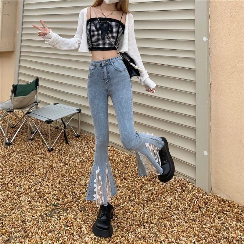 Hnewly Chic Ankle-length High Waist Jeans Women Cute Lace Ruffles Patchwork Skinny Flare Pants Female Harajuku All-match Denim Trousers