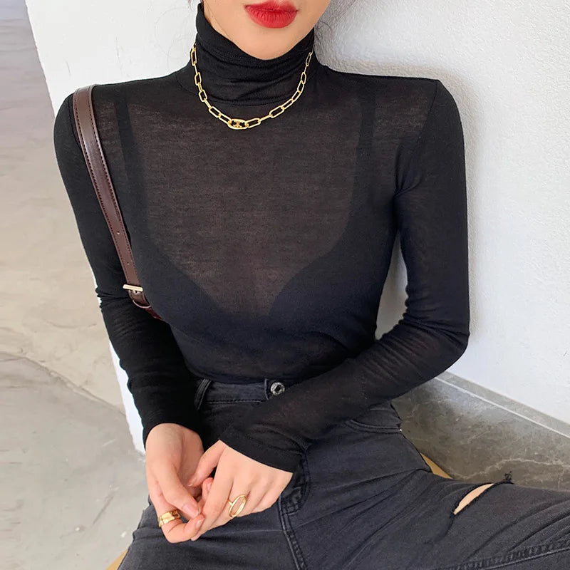 Basic Turtleneck Long Sleeve Women T-shirt Autumn Winter Long Sleeve Slim Stretch Tops Ladies Sexy All-match Tees