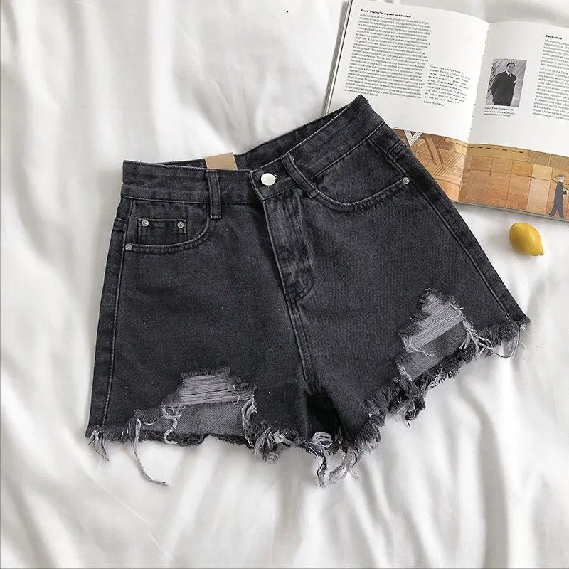 Hnewly Casual High Waist Denim Shorts Women Summer Pocket Tassel Hole Ripped jeans Short Female Femme Short Pants Women