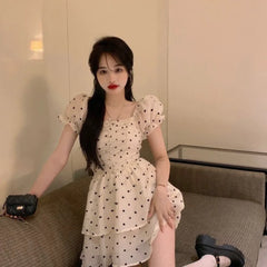 Hnewly Elegant Sweet French Fairy Dress Women Summer Puff Sleeve Slim Mini Love Dot Dress Female Korean High Waist Party Princess Dress