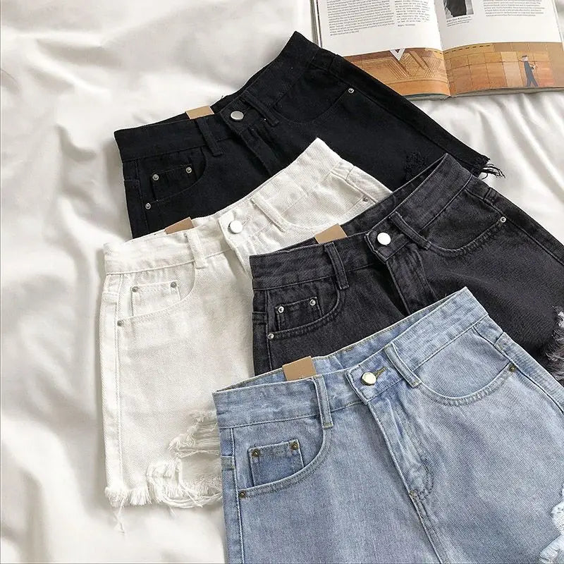 Hnewly Casual High Waist Denim Shorts Women Summer Pocket Tassel Hole Ripped jeans Short Female Femme Short Pants Women