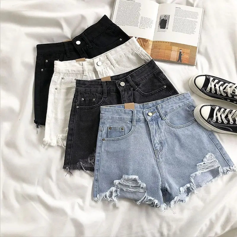 Hnewly Casual High Waist Denim Shorts Women Summer Pocket Tassel Hole Ripped jeans Short Female Femme Short Pants Women