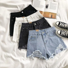 Hnewly Casual High Waist Denim Shorts Women Summer Pocket Tassel Hole Ripped jeans Short Female Femme Short Pants Women