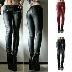 Hnewly Steampunk Women Faux Leather Cosplay Pants Carnival Party Skinny Button Trousers Workout Leggings High Waist New Girl Pants