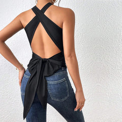 Hnewly Summer Women Tank Top Casual Sleeveless Vest Tops Open Back Knotted Design Top Backless Bowknot Design Sexy Top Tank Tops