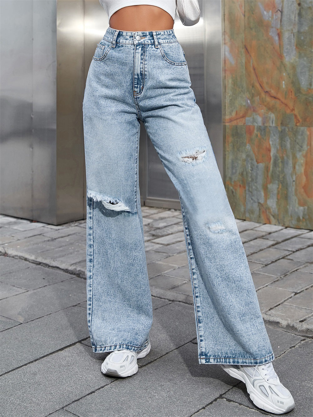 Hnewly Fashion Rippde Jeans Women High Waist Straight Denim Mom Pants Baggy Jeans Women Washed Blue Casual Female Cotton Pants New