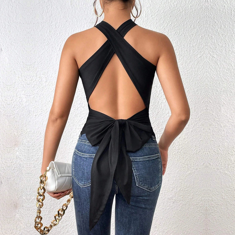 Hnewly Summer Women Tank Top Casual Sleeveless Vest Tops Open Back Knotted Design Top Backless Bowknot Design Sexy Top Tank Tops