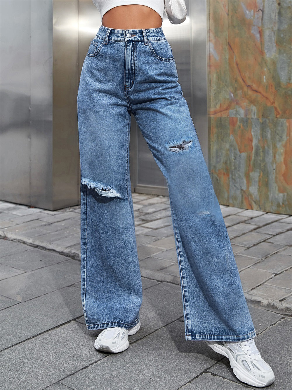 Hnewly Fashion Rippde Jeans Women High Waist Straight Denim Mom Pants Baggy Jeans Women Washed Blue Casual Female Cotton Pants New