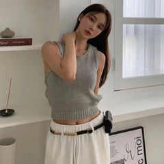 Hnewly Sweater Vests Women Backless Sexy Summer Club Style Korean Femme Solid Stretchy All-match Casual Slim Simple Crops Knitting Cozy