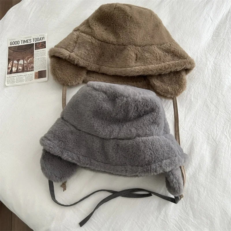 Hnewly Korean New Ear Protection Bucket Hats for Women Autumn and Winter Travel Versatile Warm Retro Solid Color Plush Men's Caps