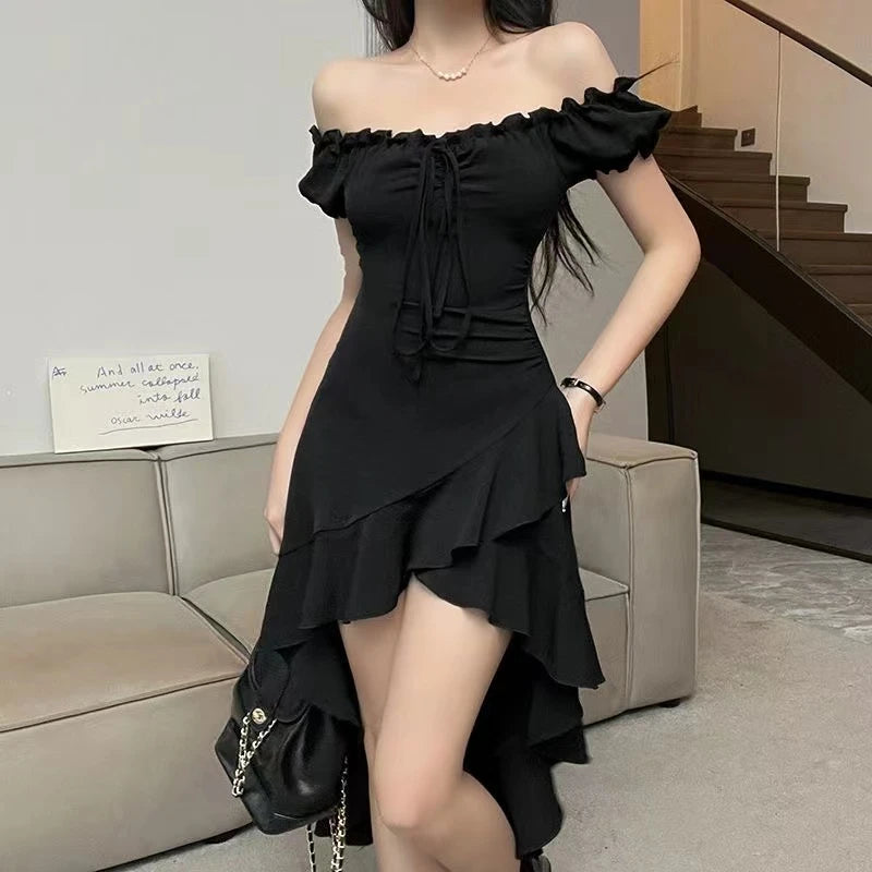 Hnewly Summer Black A-LINE Dress Women Streetwear Sexy Off Shoulder Short Sleeves Ruffled Mid Length Dresses Club Elegant Partywear