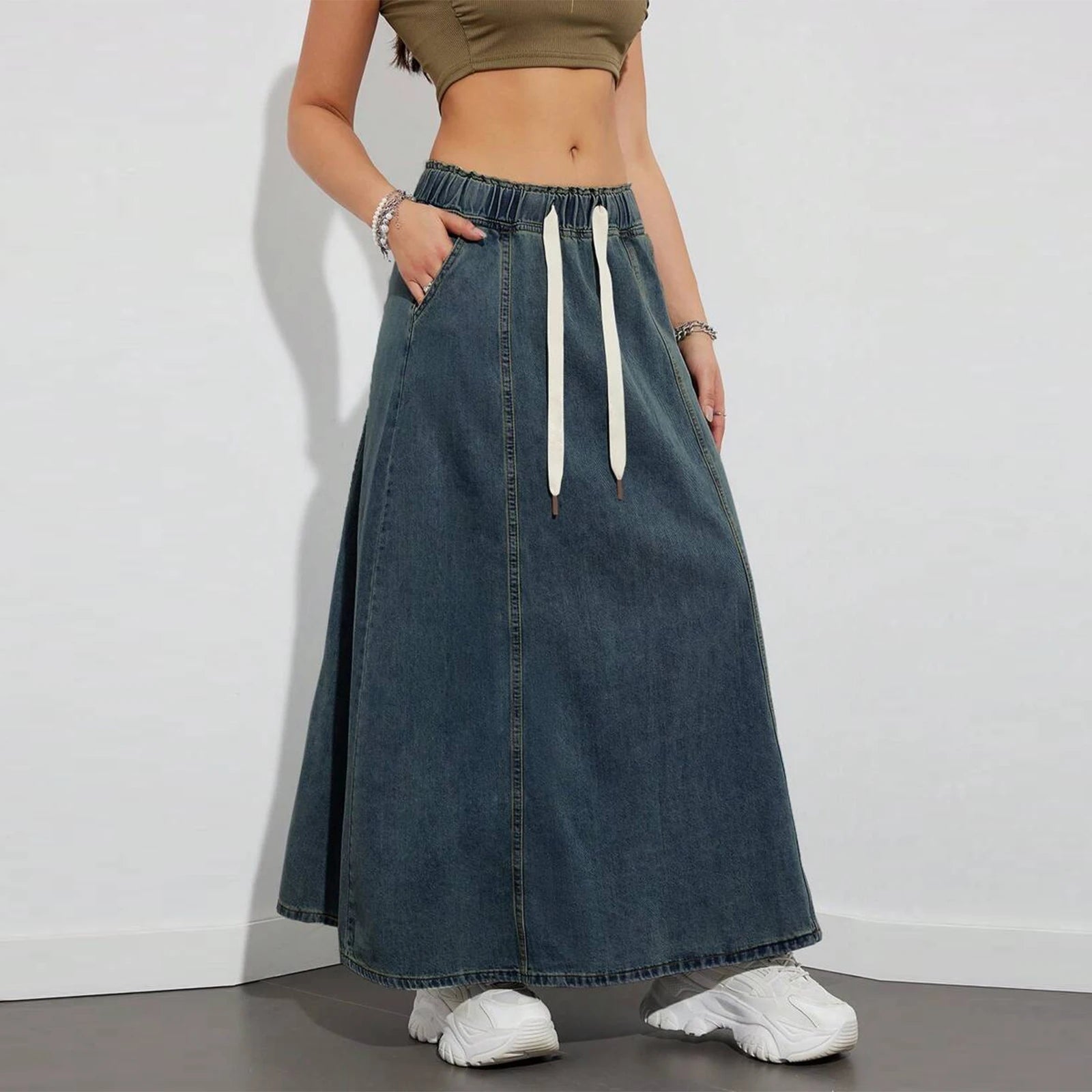 Hnewly Spring Autumn Women's Denim Midi Skirt Korean Low Waist Long Skirts Women Y2K Clothes Streetwear Casual Loose Straight Skirts