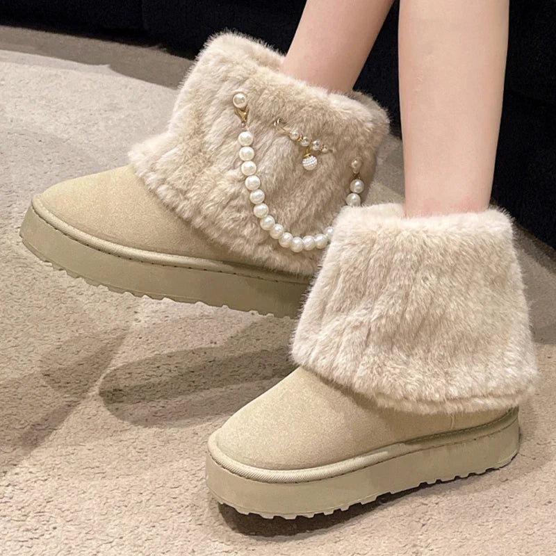 Hnewly Winter New String Bead Plush Women's Boots Warm Stylish Thick Platform Slip On Boots Faux Fur Plus Size 43 Ankle Botas Shoes